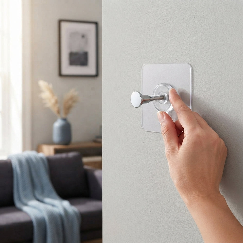 A hand pressing a self-adhesive hook onto a wall in a modern, softly lit living room.