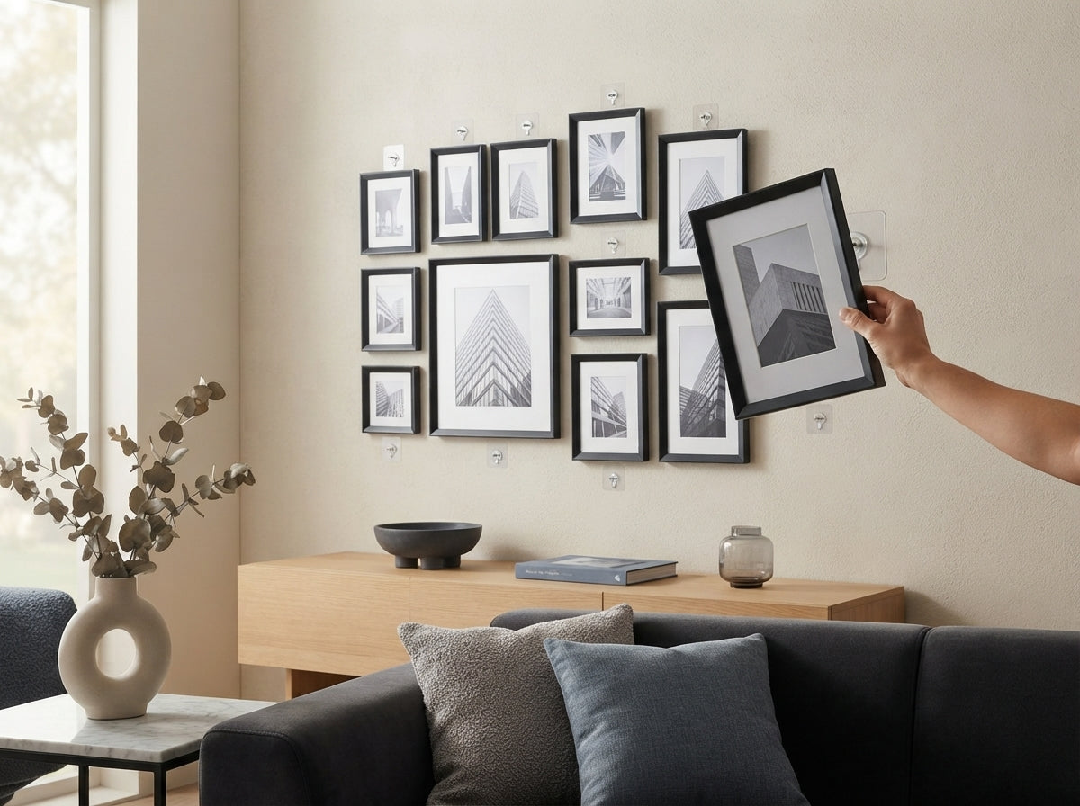 A person hanging photo frames on a pristine wall using heavy-duty adhesive hooks in a modern, stylish living room.