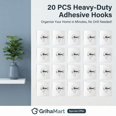 A 20-pack of heavy-duty adhesive wall hooks displayed on a clean white wall with dusty blue and slate blue home decor accents